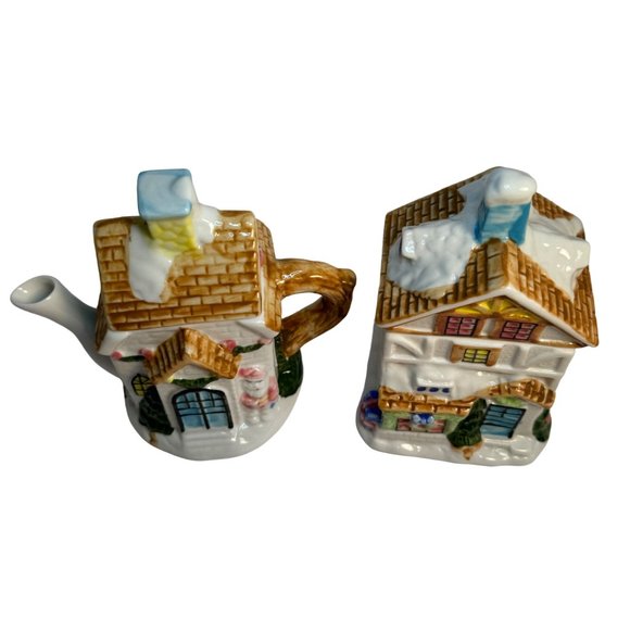 Sugar Bowl Creamer Set Houston Harvest Christmas Santa Ceramic Cottages - Picture 8 of 12